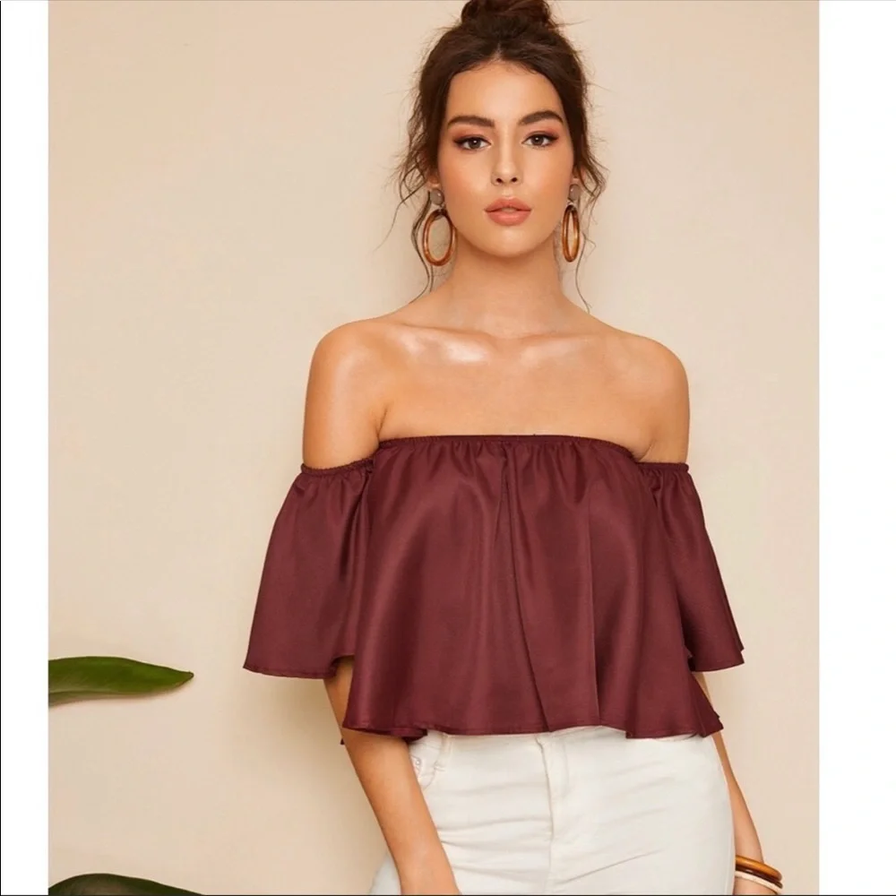 NEW Burgundy Shirred Off the Shoulder Top - Picture 1 of 5